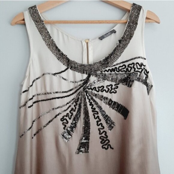 SOUTH Sequins Dip-Dye Silky Tunic Tank High Low Hem Top Cream & Tan Sz M Flawed - Picture 2 of 16